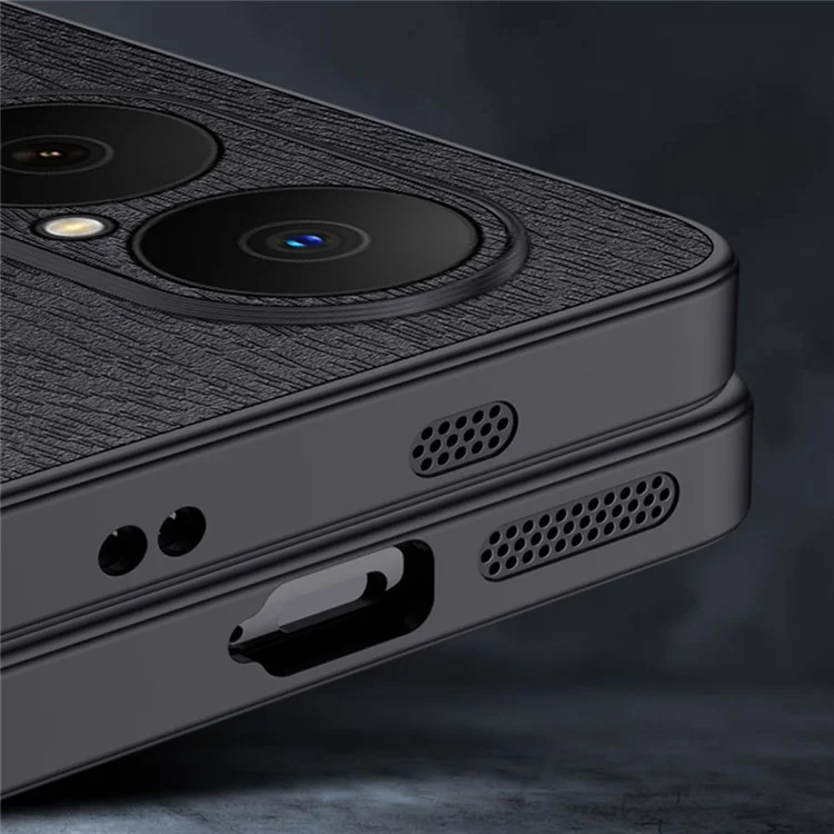 For Huawei Enjoy 80 Case Wood Texture PU Leather Coated PC TPU Phone Cover - Black