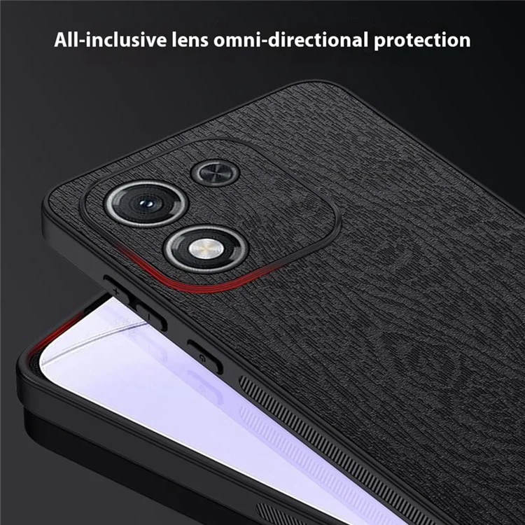 For Honor X70i Case Wood Texture PU Leather Coated PC TPU Phone Cover - Black