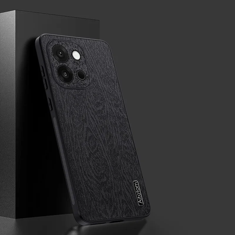 Für OnePlus 13T 5G Hülle Holzstruktur PU-Leder Beschichtetes PC TPU Handyhülle - Schwarz