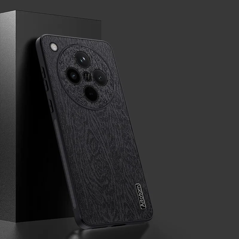 For Oppo Find X8s+ 5G Case Wood Texture PU Leather Coated PC TPU Phone Cover - Black