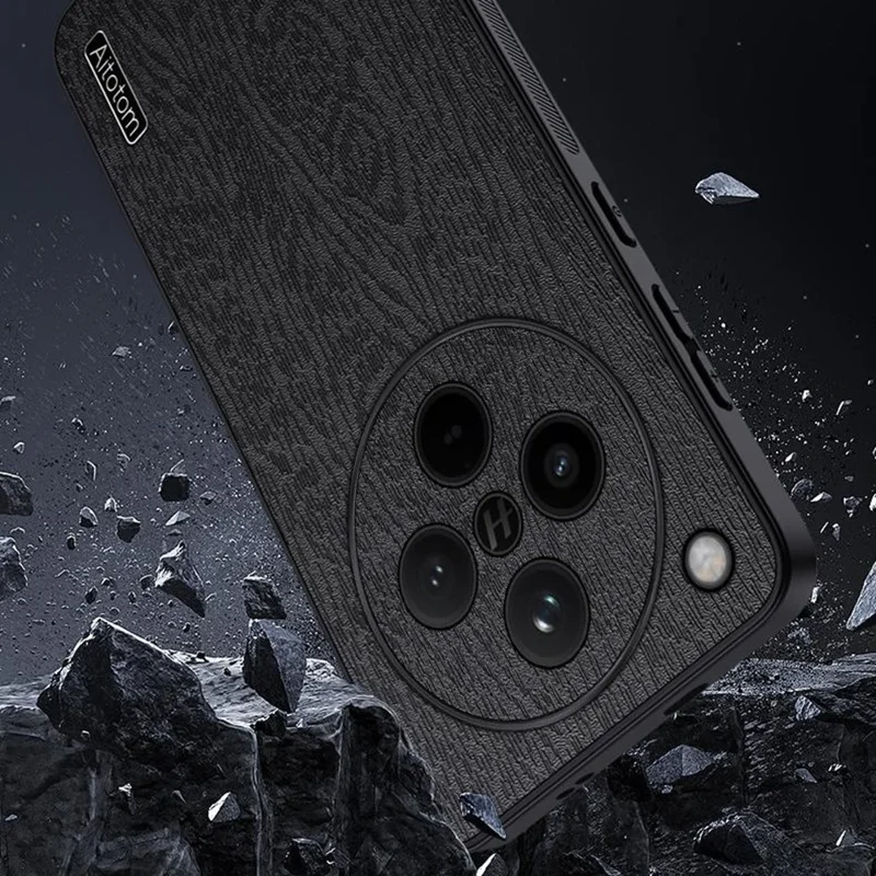 For Oppo Find X8s+ 5G Case Wood Texture PU Leather Coated PC TPU Phone Cover - Black