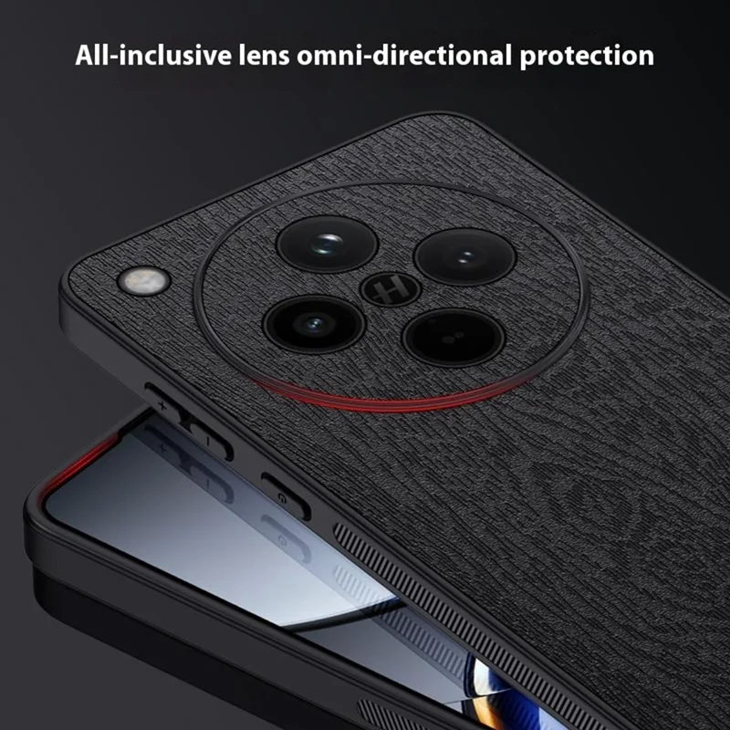 For Oppo Find X8s+ 5G Case Wood Texture PU Leather Coated PC TPU Phone Cover - Black