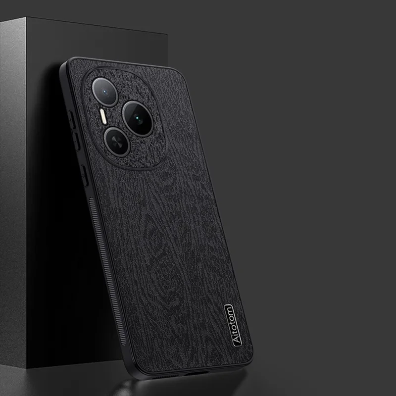 For Honor Power 5G Hülle Holzstruktur PU-Leder Beschichtete PC TPU Handyhülle - Schwarz
