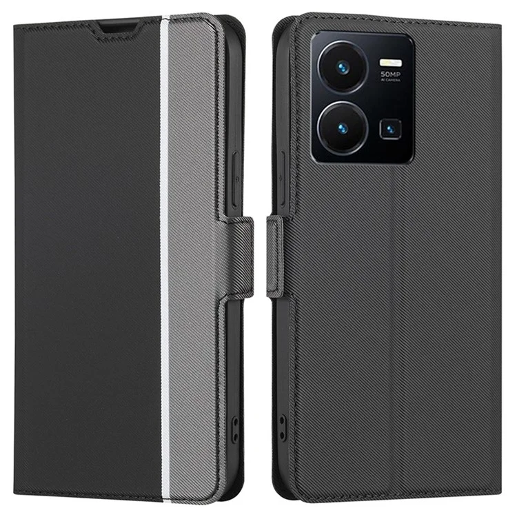Para vivo Y35 4G (2022) / Y22s 4G / Y22 4G Twill Texture PU Leather Ultra-thin Phone Cover Stand Card Slots Full Protection Case - Preto