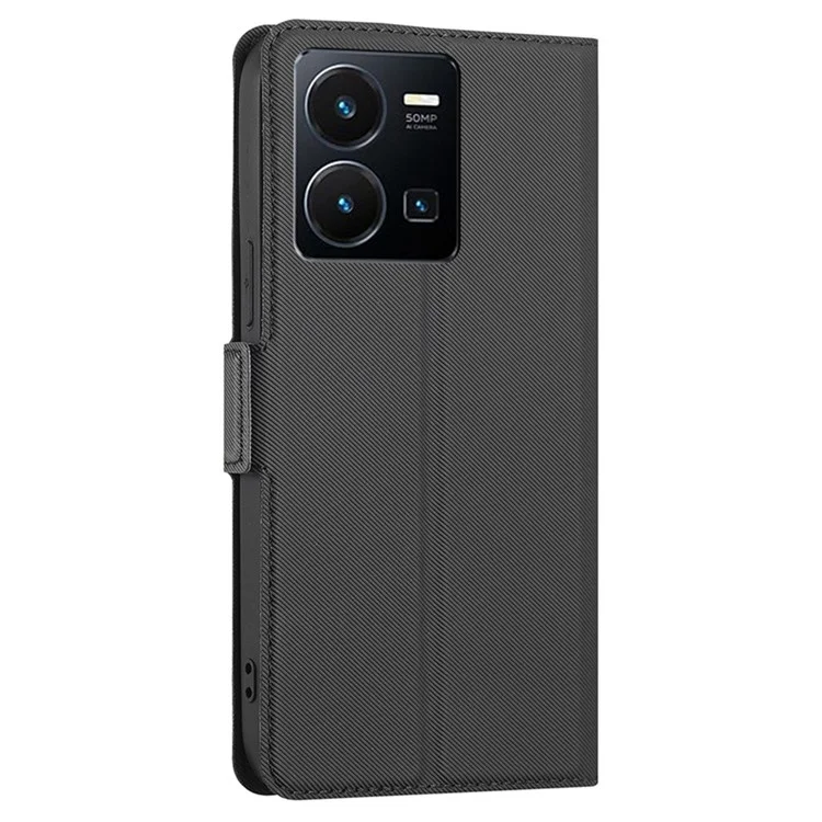 Para vivo Y35 4G (2022) / Y22s 4G / Y22 4G Twill Texture PU Leather Ultra-thin Phone Cover Stand Card Slots Full Protection Case - Preto