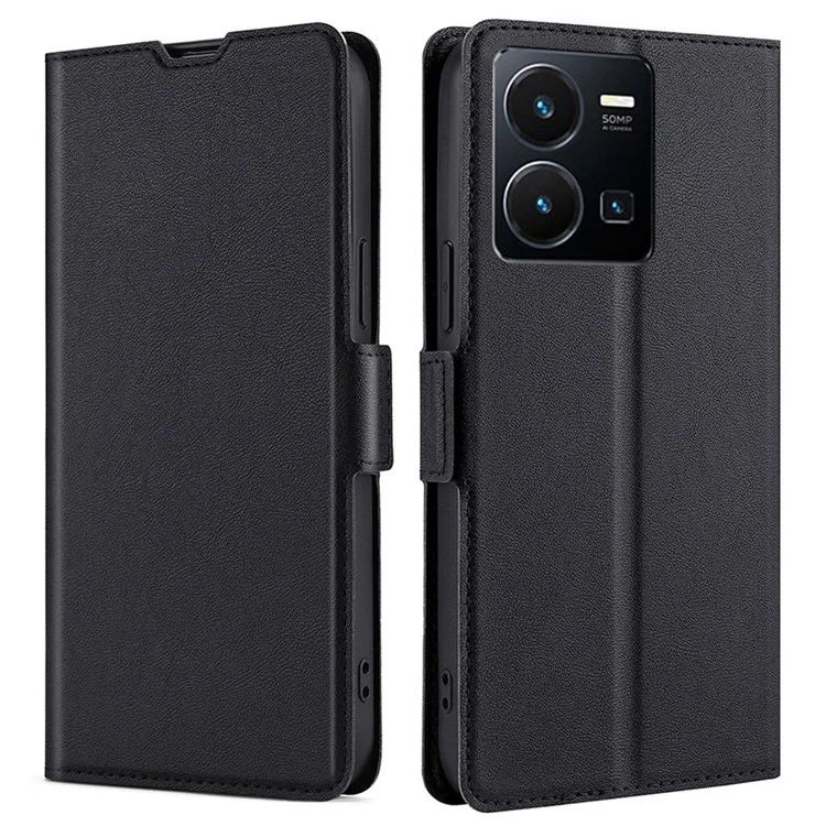 Para vivo Y35 4G (2022) / Y22 4G / Y22s 4G Doble Broche Magnético Estuche de Tarjeta de Cuero PU Ultrafino Plegable Carcasa Protectora - Negro