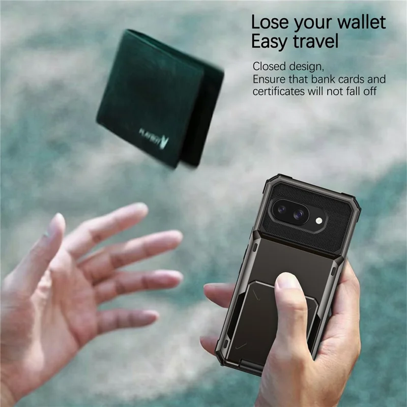 For Google Pixel 9a Case PC + TPU Dual Layer Back Phone Cover with Card Holder - Black