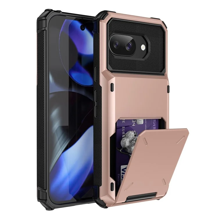 Funda para Google Pixel 9a, carcasa trasera de doble capa de PC + TPU con soporte para tarjetas - Oro rosa