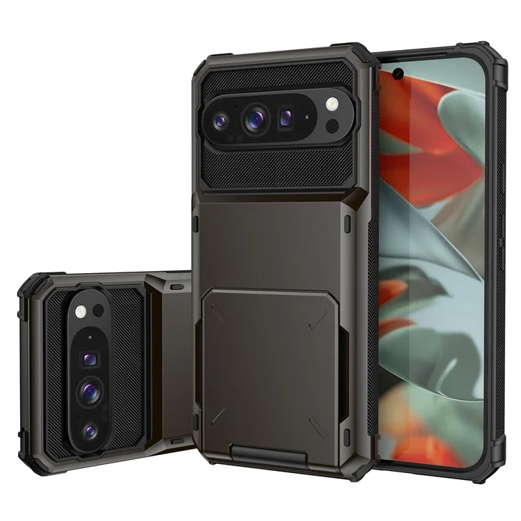 Per Google Pixel 9 Pro XL Cover PC + TPU Doppio Strato Posteriore Custodia per Telefono con Porta Carte - Nero