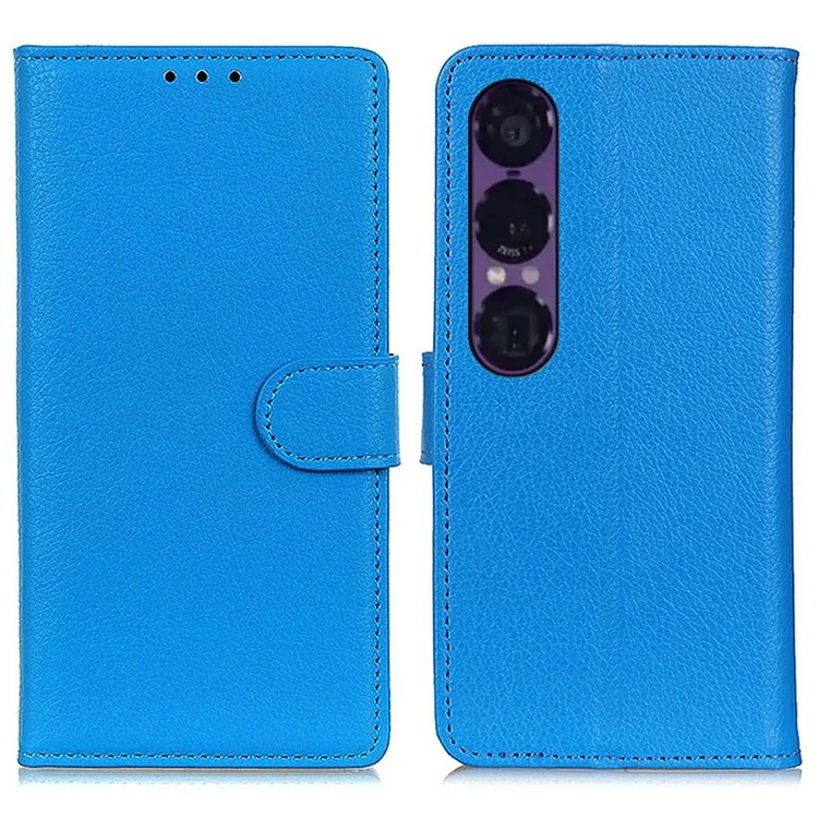 Capa Carteira para Sony Xperia 1 VII em Couro Sintético - Textura Lichi, Azul