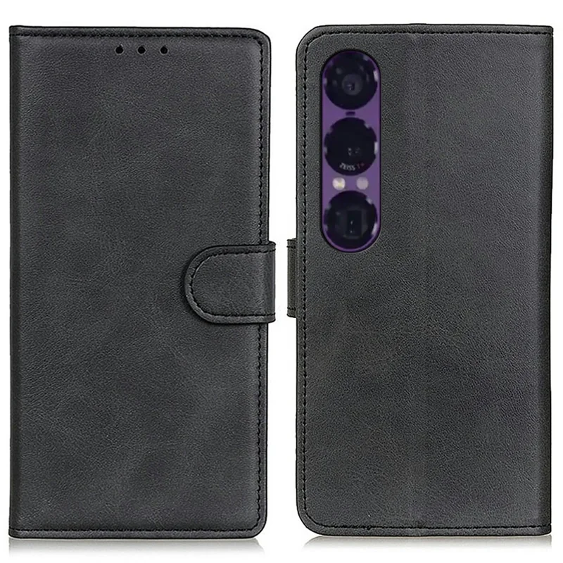 Für Sony Xperia 1 VII Hülle aus Rindsleder mit Brieftaschenfunktion und Ständer - Schwarz