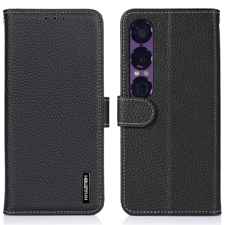 KHAZNEH For Sony Xperia 1 VII Case Genuine Cow Leather Flip Phone Cover - Black