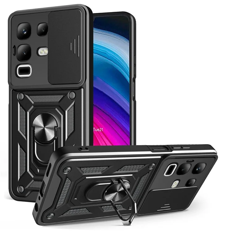 For Infinix Note 50x 5G Case with Slide Camera Lid PC + TPU Kickstand Phone Cover - Black