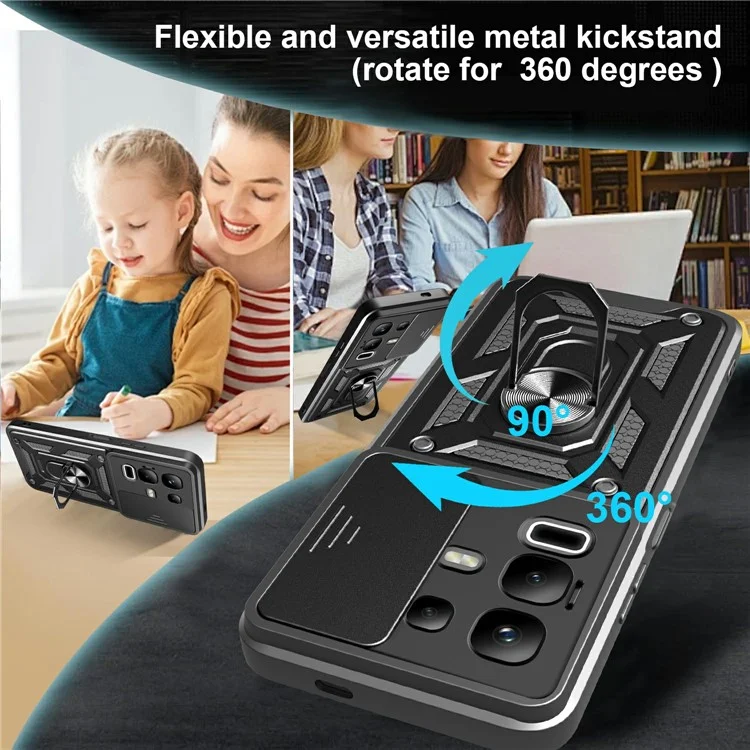 For Infinix Note 50x 5G Case with Slide Camera Lid PC + TPU Kickstand Phone Cover - Black
