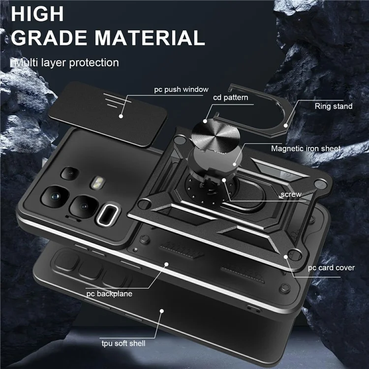 For Infinix Note 50x 5G Case with Slide Camera Lid PC + TPU Kickstand Phone Cover - Black