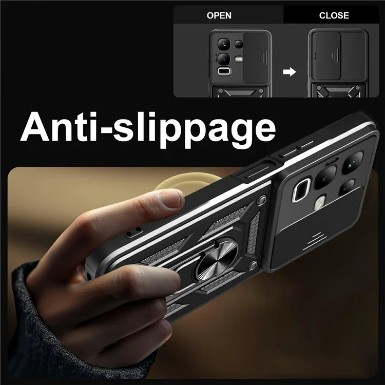 For Infinix Note 50x 5G Case with Slide Camera Lid PC + TPU Kickstand Phone Cover - Black