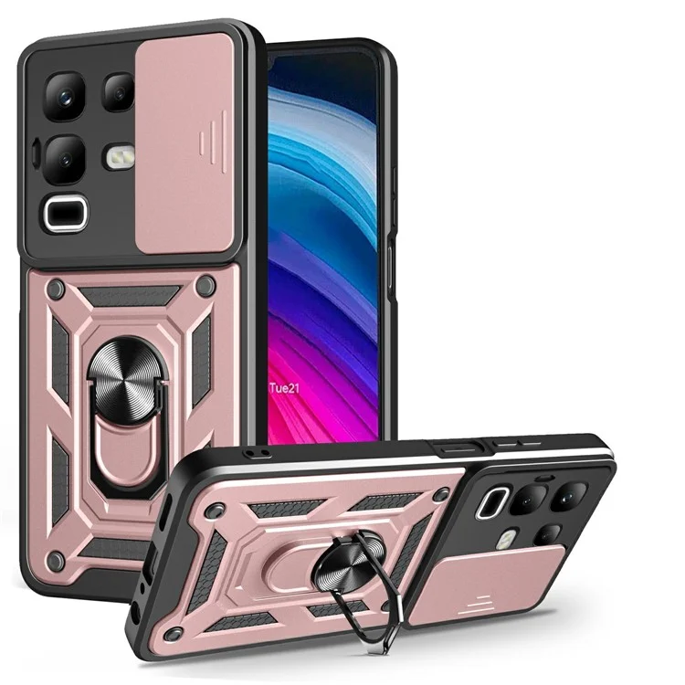 For Infinix Note 50x 5G Case with Slide Camera Lid PC + TPU Kickstand Phone Cover - Rose Gold