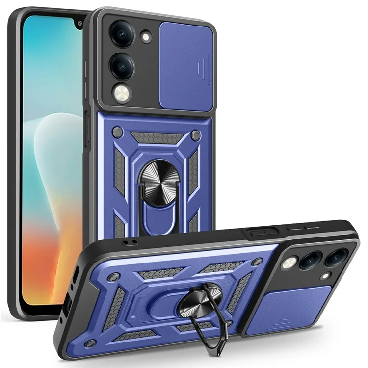Capa para vivo Y29s 5G / Y04 4G com Tampa Deslizante para Câmera, PC + TPU com Suporte - Azul