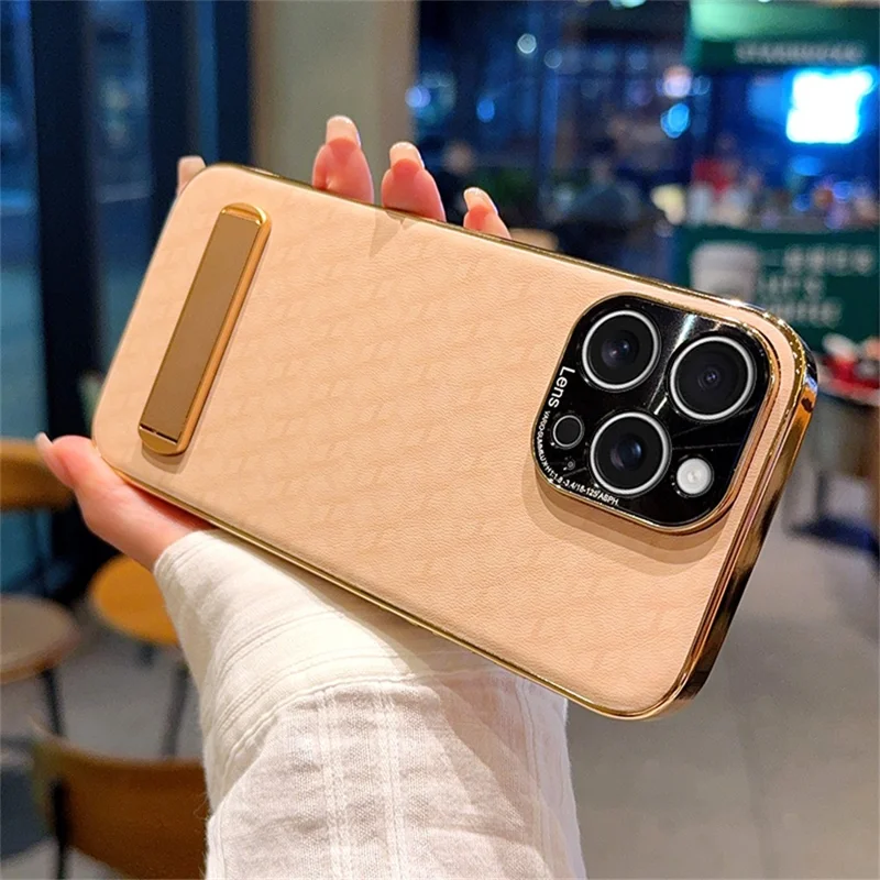For iPhone 15 Pro Max Case PU Leather + PC Electroplated Phone Cover with Kickstand
