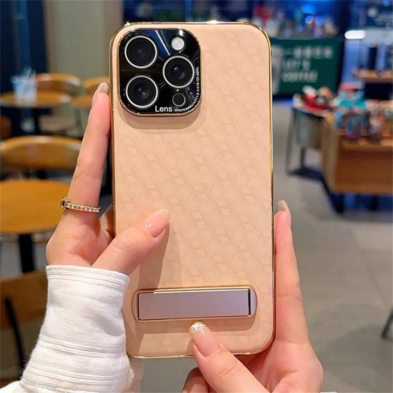 For iPhone 15 Pro Max Case PU Leather + PC Electroplated Phone Cover with Kickstand