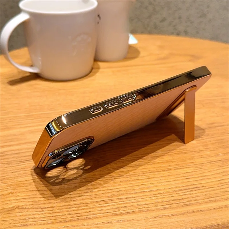For iPhone 15 Pro Max Case PU Leather + PC Electroplated Phone Cover with Kickstand