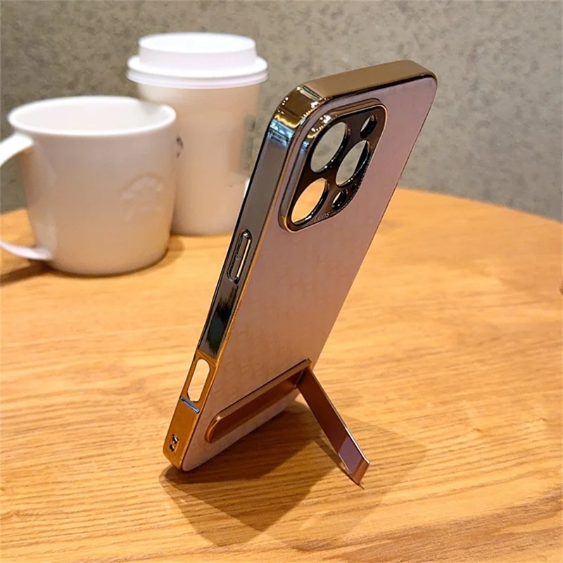 For iPhone 15 Pro Max Case PU Leather + PC Electroplated Phone Cover with Kickstand