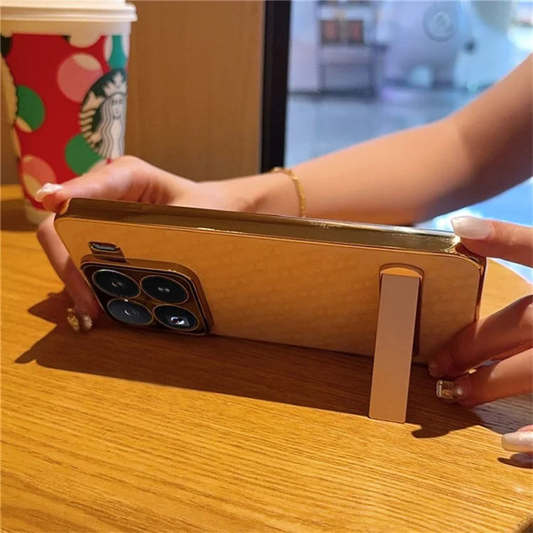 Capa para Xiaomi 15 Pro em Couro PU + PC com Revestimento Eletrolítico e Suporte de Apoio