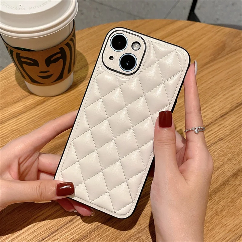 For iPhone 15 Case Rhombus Stitching PU Leather + TPU Shockproof Phone Cover - White