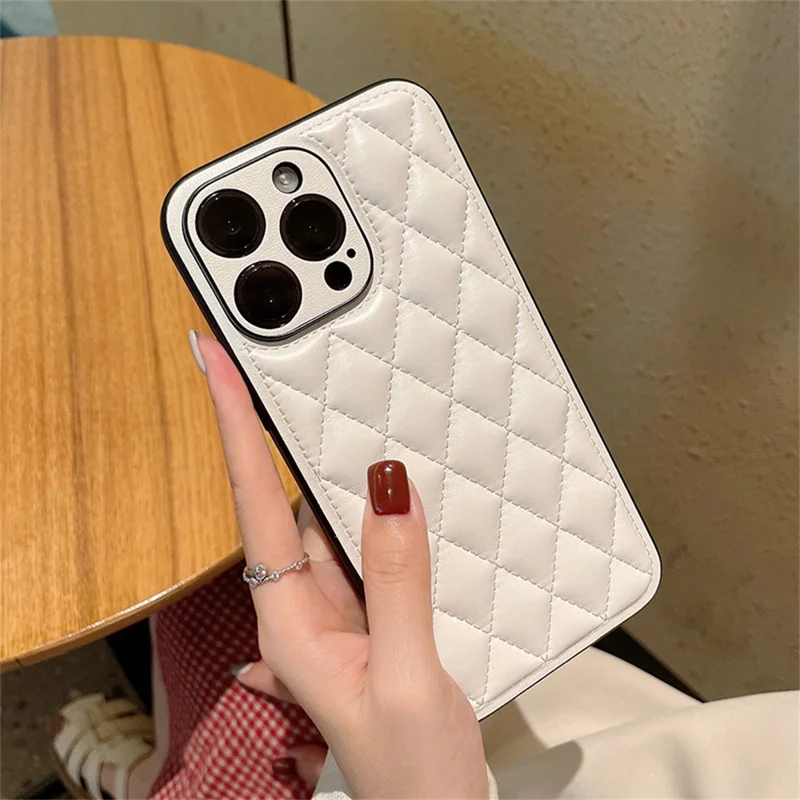 For iPhone 15 Pro Case Rhombus Stitching PU Leather + TPU Shockproof Phone Cover - White