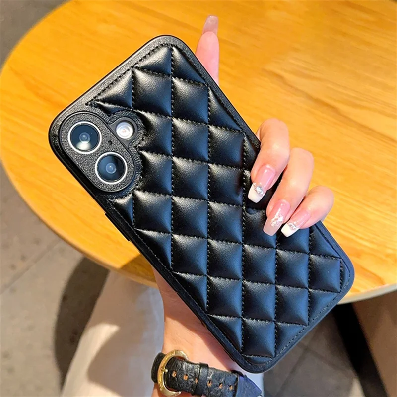 For iPhone 16 Case Rhombus Stitching PU Leather + TPU Shockproof Phone Cover - Black