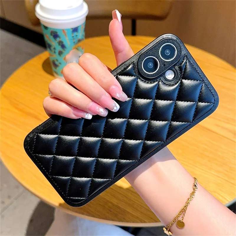 For iPhone 16 Case Rhombus Stitching PU Leather + TPU Shockproof Phone Cover - Black