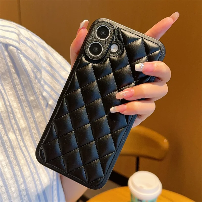 For iPhone 16 Case Rhombus Stitching PU Leather + TPU Shockproof Phone Cover - Black