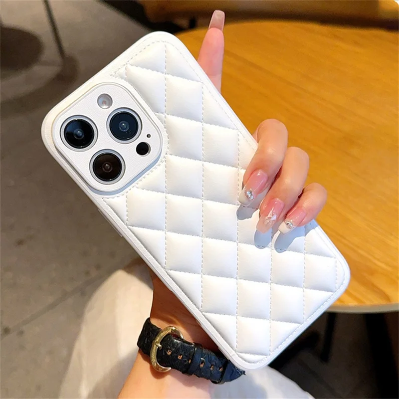 For iPhone 16 Pro Max Case Rhombus Stitching PU Leather + TPU Shockproof Phone Cover - White