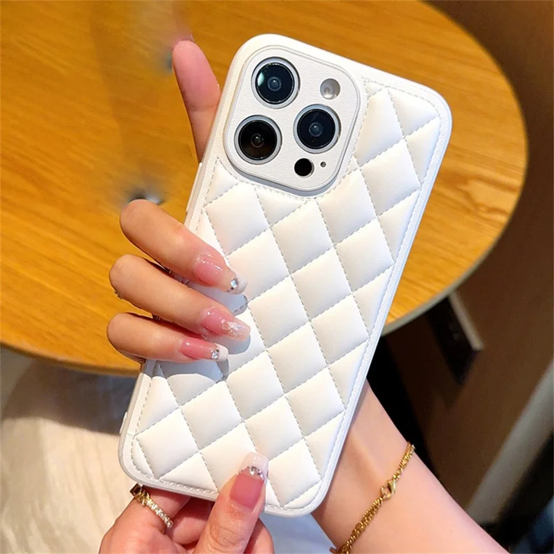 For iPhone 16 Pro Max Case Rhombus Stitching PU Leather + TPU Shockproof Phone Cover - White