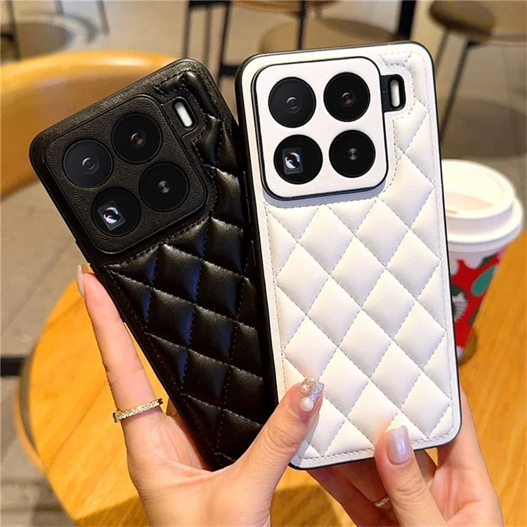 Funda para Xiaomi 15 Pro con Diseño de Rombos Cosidos de Cuero Sintético + TPU Antigolpes - Blanco