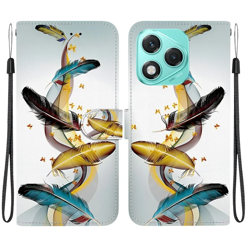 For Honor 400 Lite 5G Case Pattern Printing Anti-Drop Leather Flip Wallet Phone Cover with Lanyard - Golden Butterfly Feather