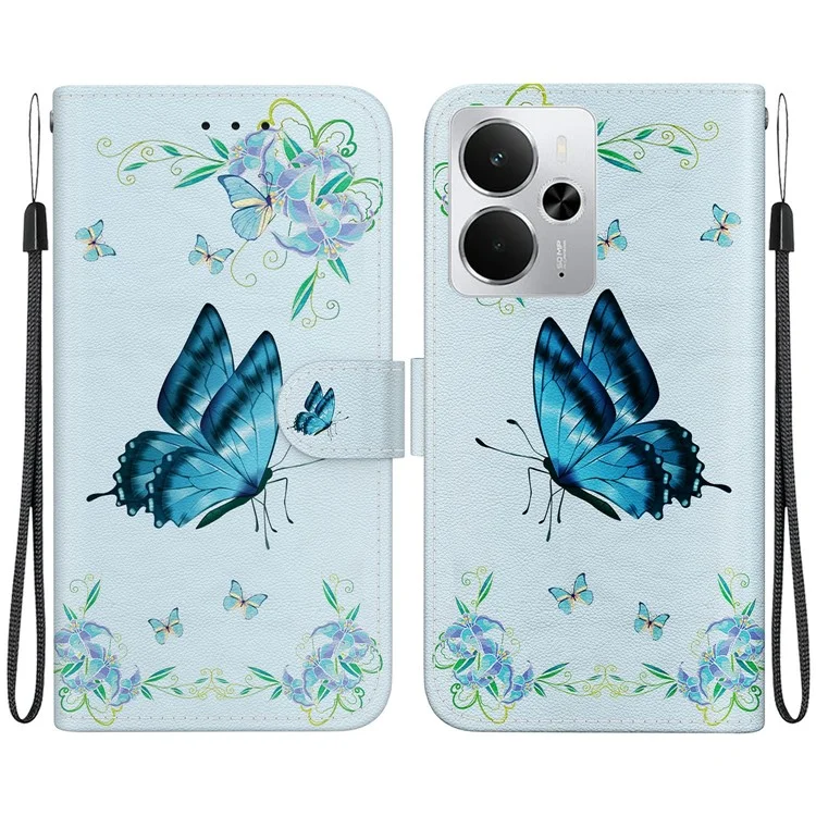 Pour Realme 14 5G Étui Portefeuille Antichoc en Cuir à Motif Imprimé - Papillon Bleu et Fleur
