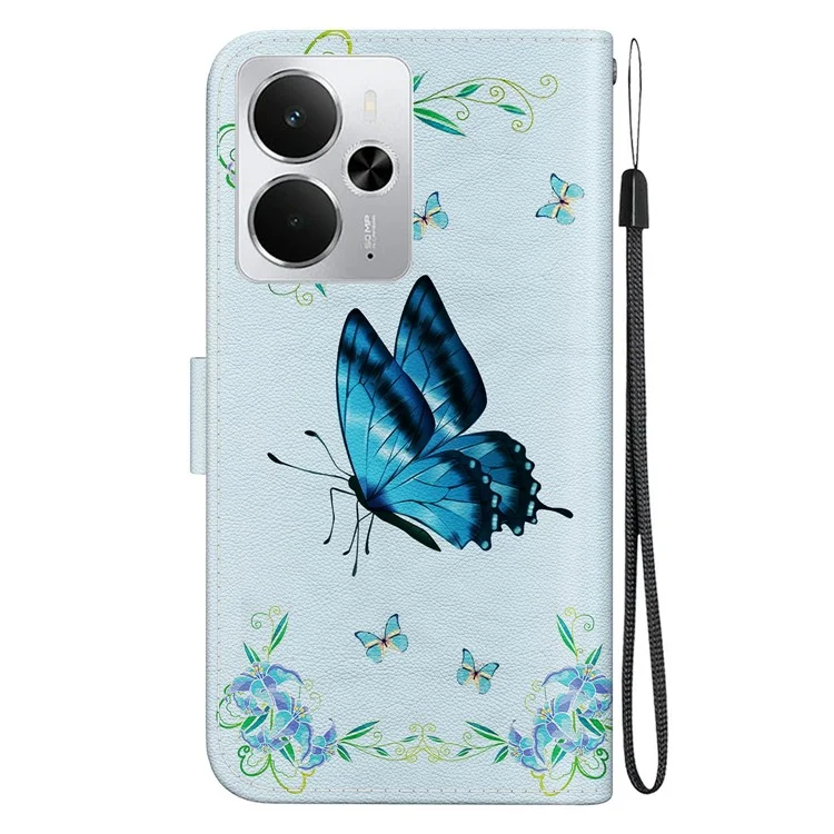 Pour Realme 14 5G Étui Portefeuille Antichoc en Cuir à Motif Imprimé - Papillon Bleu et Fleur