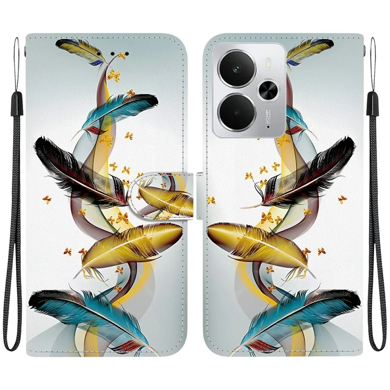 Per Realme 14 5G Custodia Stampa Motivo Antiurto Flip Portafoglio Cover Telefonica con Cordino - Farfalla Dorata Piuma