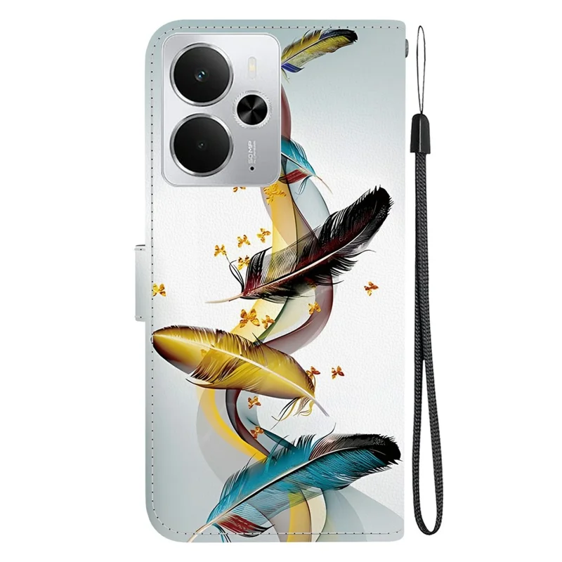 Per Realme 14 5G Custodia Stampa Motivo Antiurto Flip Portafoglio Cover Telefonica con Cordino - Farfalla Dorata Piuma