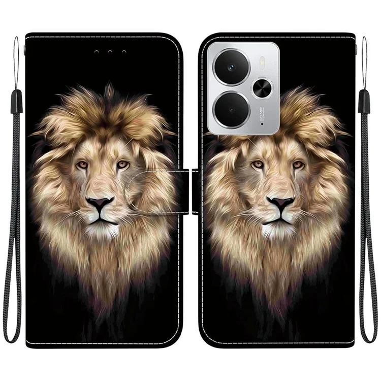 For Realme 14 5G Case Pattern Printing Anti-Drop Leather Flip Wallet Phone Cover with Lanyard - Lion Head