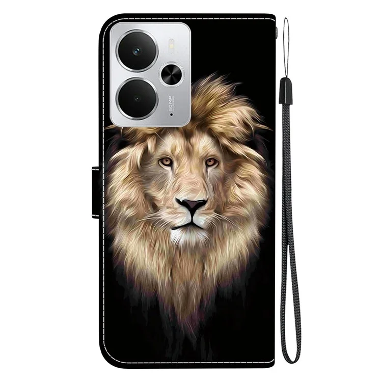 For Realme 14 5G Case Pattern Printing Anti-Drop Leather Flip Wallet Phone Cover with Lanyard - Lion Head