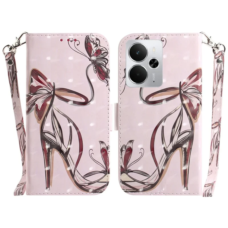 For Realme 14 5G Case Pattern Printing Leather Wallet Phone Cover with Wrist Strap - Butterfly High Heels