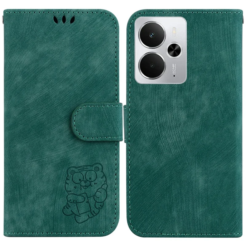 For Realme 14 5G Wallet Case Tiger Imprint Leather Shockproof Phone Cover - Green