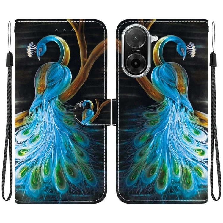 For Xiaomi Redmi A5 NFC (173.45mm) Case Pattern Printing Anti-Drop Leather Flip Wallet Phone Cover with Lanyard - Peacock