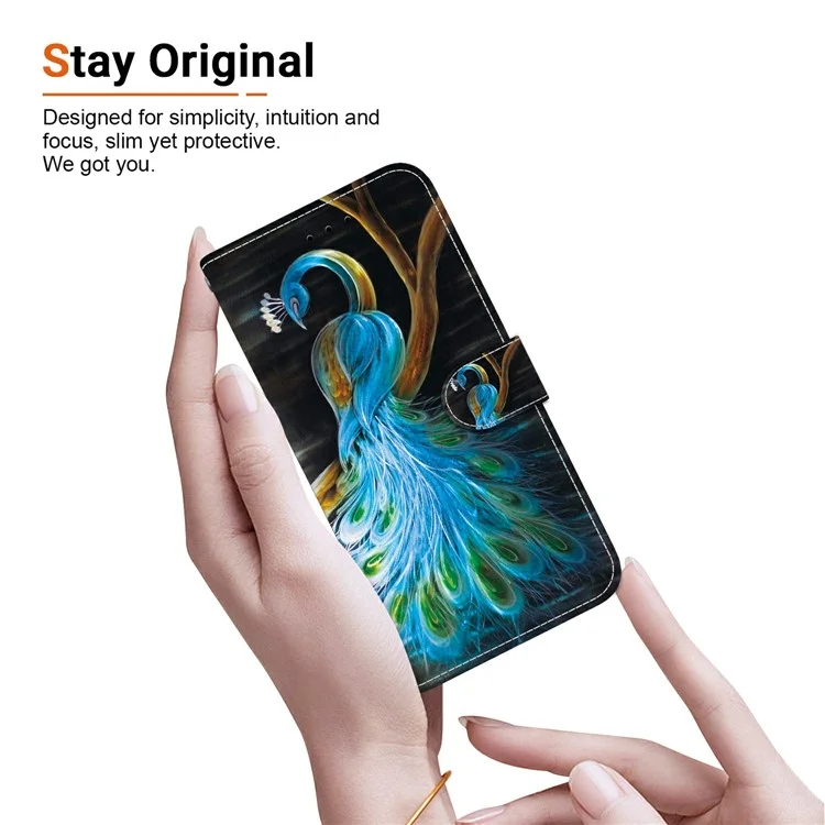 For Xiaomi Redmi A5 NFC (173.45mm) Case Pattern Printing Anti-Drop Leather Flip Wallet Phone Cover with Lanyard - Peacock