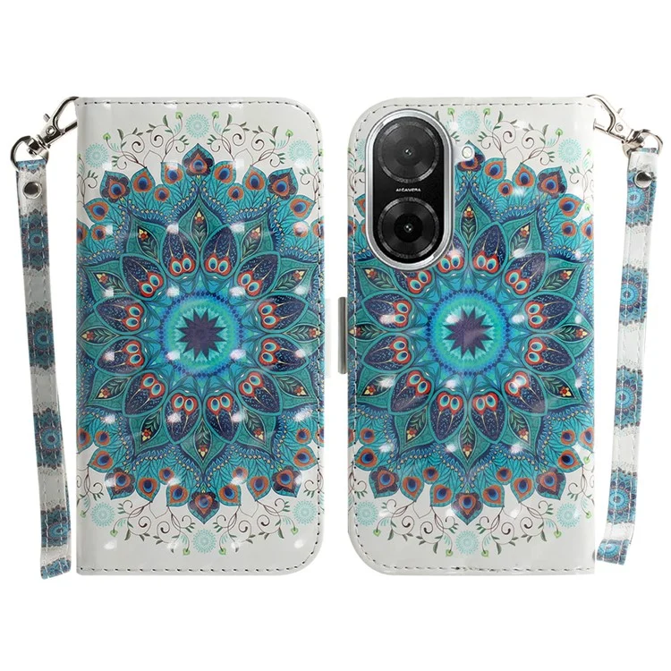For Xiaomi Redmi A5 NFC (173.45mm) Case Pattern Printing Leather Wallet Phone Cover with Wrist Strap - Peacock Wreath
