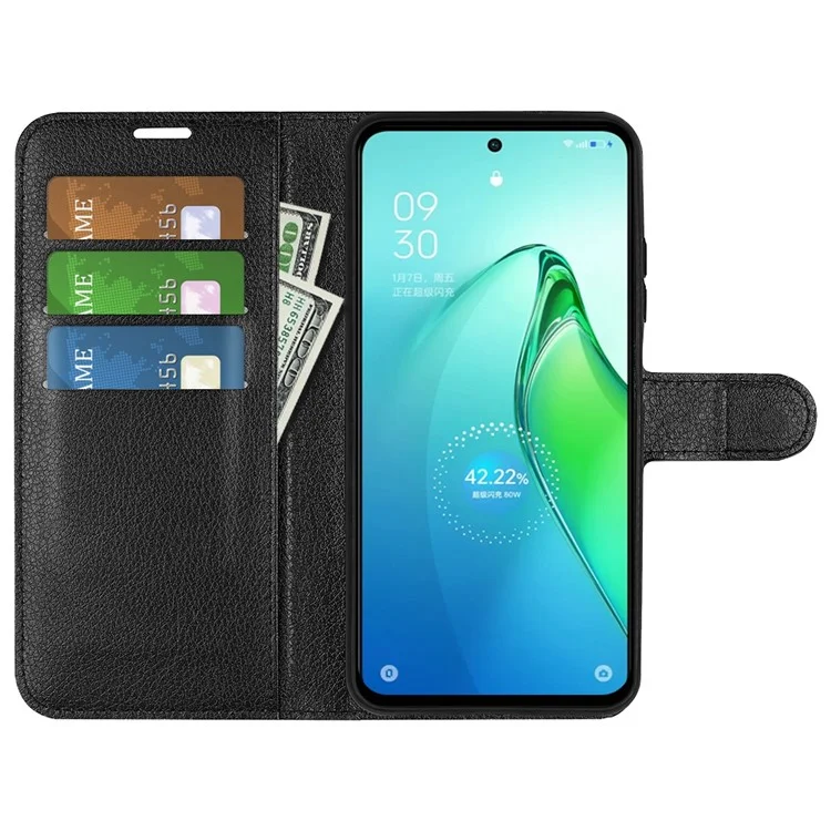 Anti-drop Phone Cover For Oppo Reno8 Pro+ (China) 5G / Reno8 Pro 5G (Global Version) Litchi Texture PU Leather Phone Case Wallet Stand - Black
