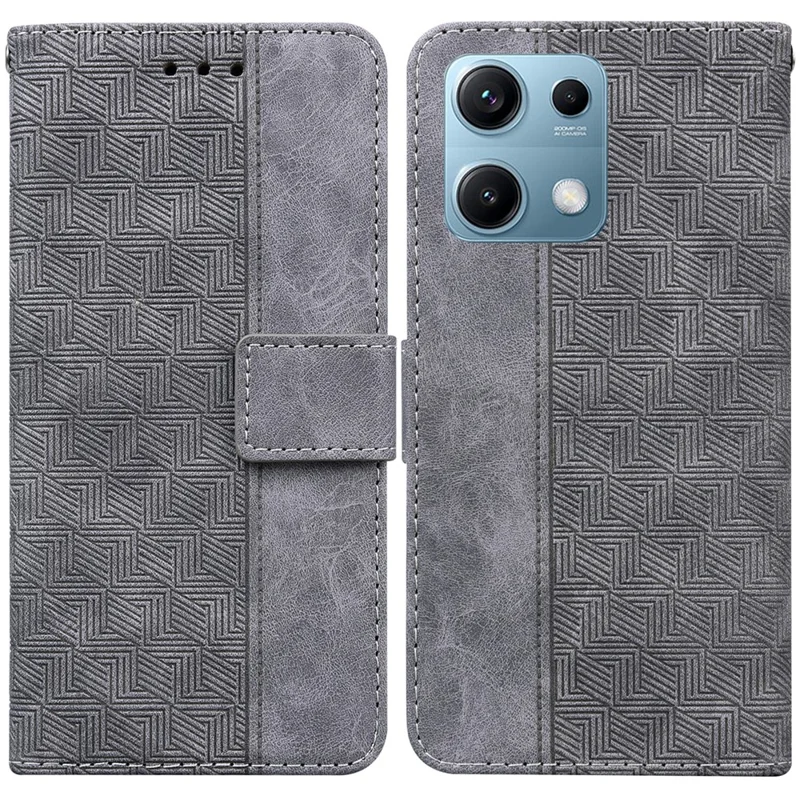 Etui na Xiaomi Redmi Note 14S 4G, etui portfelikowe z wzorem geometrycznym, skórzane z paskiem na nadgarstek – szare