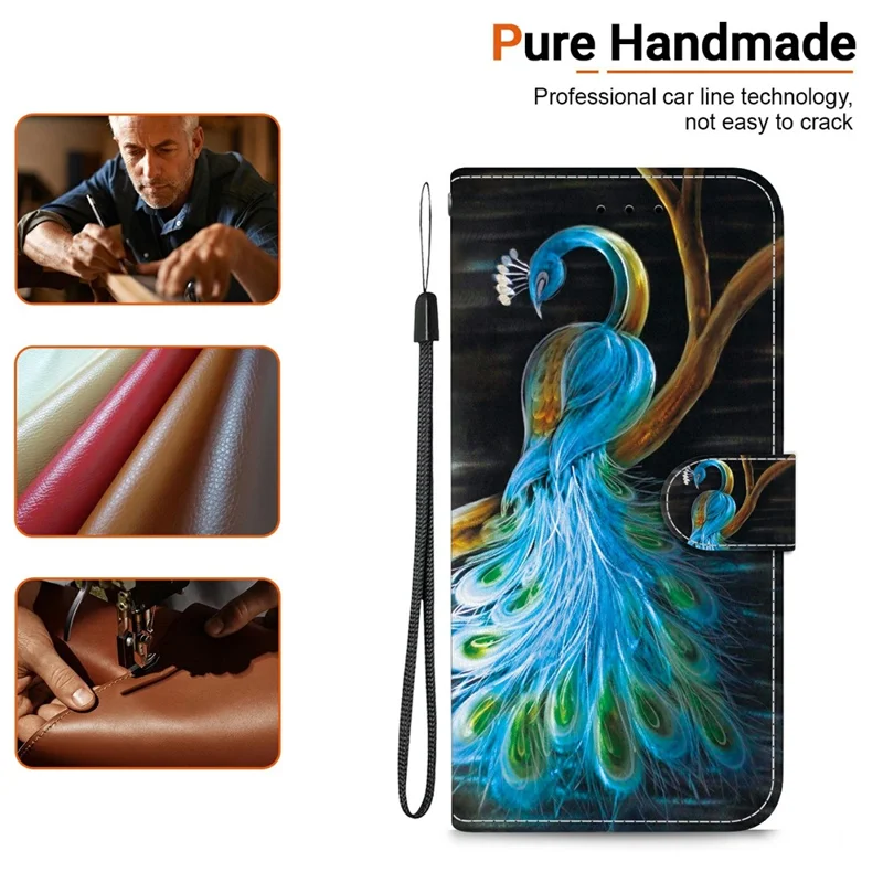 For Xiaomi Redmi Note 14S 4G Case Pattern Printing Anti-Drop Leather Flip Wallet Phone Cover with Lanyard - Peacock